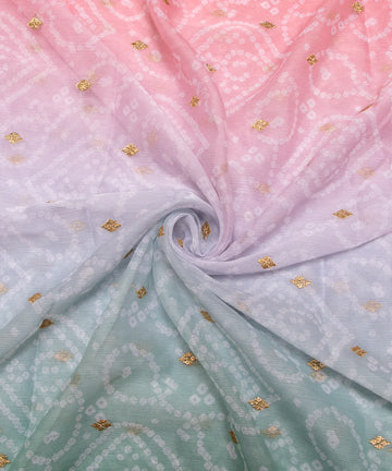 Light Green Bandhani Embroidery Digital Print Chiffon Fabric